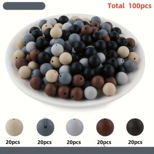 TEMU 혼합 색상의 실리콘 비즈 100개입, 9mm, 12mm, 15mm 사이즈로 제공, 키체인, 펜, 팔찌 제작에 적합 (블랙)