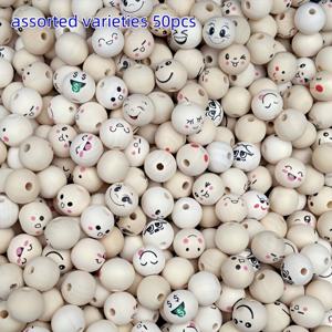 TEMU 50개 20mm 다양한 표정 목재 비즈, 목걸이·팔찌·DIY 액세서리 제작 및 정원 장식용, 훌륭한 선물 선택, 비즈 세트