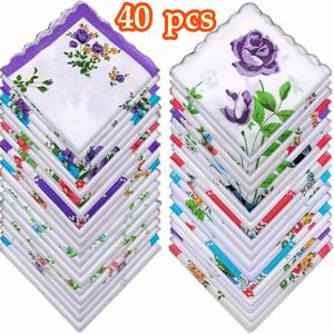 TEMU 40개 세트 빈티지 플로럴 프린트 손수건, 부드러운 여성용 손수건, 다양한 색상