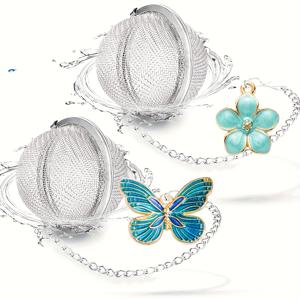 TEMU 나비와 꽃 참 장식이 있는 루스 리프 차 주입기 2개 세트 - 스테인리스 스틸 티 스트레이너