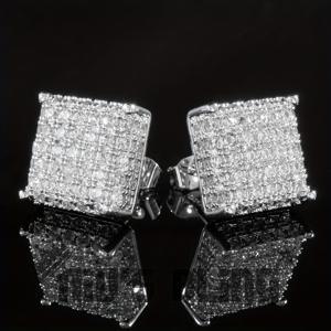 TEMU 세련된 실버 톤 스파클링 아이스 AAA 합성 지르코니아 마이크로파브 스퀘어 힙합 스터드 귀걸이