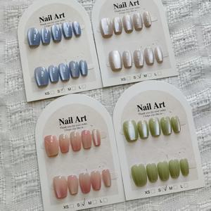 TEMU 40개 솔리드 컬러 캣 아이 프레스온 네일 세트 - 그라데이션 핑크/블루/글리터 애프리콧/밝은 그린 4가지 색상 - 패셔너블 데이트 웨어 또는 DIY 네일 아트용 숏 발레 매니큐어|네일아트