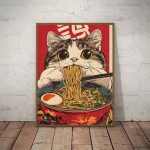 TEMU 1pc 귀여운 고양이가 라면 누들 프레임 없는 캔버스 장식 그림, 일본 애니메 포스터, 빈티지 스타일, 미적, 캔버스 프린트, 복도, 거실, 현대 가정, 사무실, 욕실, 침실