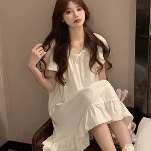 TEMU 여성용 귀여운 러플 반팔 나이트가운, 여름 루즈 라운드넥 슬립웨어 드레스 화이트 보타이 홈 가운