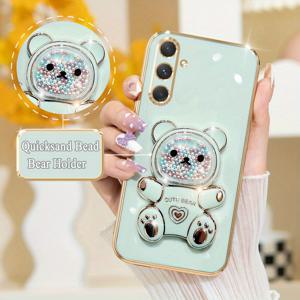 TEMU 폰케이스: 귀여운 퀵샌드 베어 접이식 홀더 1개 + 갤럭시 S25 플러스용 럭셔리 도금 폰케이스 1개, 충격방지 TPU 스탠드 소프트 백커버, 갤럭시S25 S25플러스용