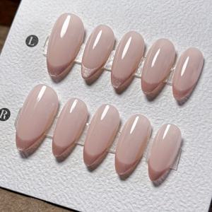 TEMU 10개 수제 아몬드형 프렌치 스타일 프레스온 네일 - 핑크 광택 중간 길이 인조 네일, DIY 매니큐어/페디큐어 세트 (손 & 발용) - 솔리드 컬러 프렌치 팁