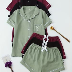 TEMU 솔리드 컬러 버블 주름 반팔 쇼츠 청소년 파자마 세트