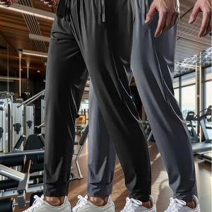 TEMU 남성용 아이스 실키 섬유 조거 팬츠 - 통기성 좋고 신축성 있는 스포츠 바지, 지퍼 포켓 포함, 러닝, 피트니스 & 야외 활동에 적합 | 높은 탄성 캐주얼 운동복, 조깅 바지