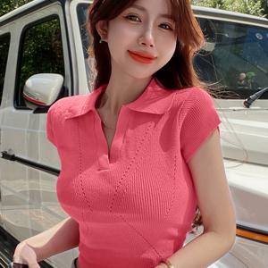 TEMU 여성용 슬리밍 V넥 폴로 반팔 니트 탑 - 단색, 신축성 있는 비스코스 블렌드, 봄/여름용 캐주얼 시크 스타일, 다용도 니트웨어 | V넥 탑 | 세련된 니트웨어