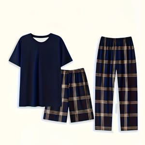 TEMU 남성용 반바지와 긴바지 세트, 편안하고 피부 친화적인 스타일의 라운드넥 반팔 잠옷 3벌 세트. 남성용 라운지웨어로 적합합니다.