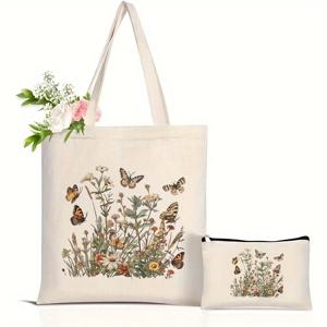 TEMU 여성용 숄더백 2개 세트 나비와 꽃 자연 풍경 핸드백, 파티용 휴대용 선물백 패션 대용량 토트백 일상 생활 경제형 가방 어머니날 선물 핸드백 여성 어머니 친구 선생님 신부 들러리 자매 선물