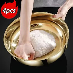 TEMU 고급스러운 금색 대용량 스테인리스 스틸 볼 4개 세트. 반죽, 야채 세척, 샐러드, 과일, 국 등을 만드는 데 완벽합니다. 광택 있는 표면은 세척이 용이하여 주방 및 식사 서비스에 필수적인 선택입니다.