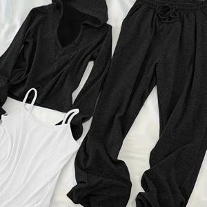 TEMU 2025 봄 신상 스타일리시 후드 스웨트셔츠, 조끼, 캐주얼 와이드 레그 팬츠 3피스 세트