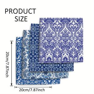 TEMU 4개/세트 계절 블루 앤 화이트 세라믹 시리즈 스타일 패브릭 팩 17.7*19.7인치 폴리에스터 패치워크, 퀼팅 및 DIY 공예용, 손수제작 인형 지갑 제작 원단, 바느질 재료, DIY 지갑 만들기