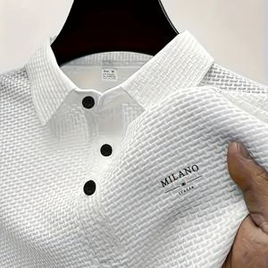 TEMU 남성용 경량 비즈니스 셔츠 - 통기성 좋고 시원한 여름 헨리넥 셔츠, 'MILANO' 프린트, 반팔, , 텍스처 원단, 편안하고 스타일리시한 캐주얼 엘레강스 | 클래식 칼라 | 밀라노 스타일