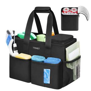TEMU 청소용품 정리함, 손잡이 및 접이식 분할판이 있는 청소 도구 가방, 주방 & 욕실용 하우스키킹 토트백, 차량용 툴 캐디 오거나이저 백, 블랙|캐디백