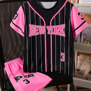 TEMU 남아 여아 공용 야외 스포츠 퀵 드라이 야구 세트. 라운드넥 반팔 및 'NY' 프린트 반바지 포함. 봄, 여름 야외 활동에 적합.
