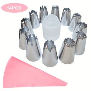 TEMU 14개 대형 파이핑 팁, 1.2인치 크림 파이핑 노즐, 대형 어댑터, 12인치 핑크 파이핑 백, 주방용 베이킹 도구, 크림, 버터, 프라이스트, 치즈, 빵, 반죽, 페이스트리 및 생일 파티, 가족 모임용 디저트에 적합