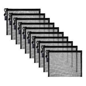 TEMU 여행용 블랙 메시 화장품 가방 10개 세트. 지퍼 파우치로 메이크업 및 연필 보관에 적합하며, 크기는 9.5 x 7.1인치입니다.