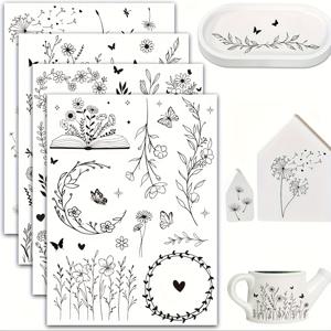 TEMU 봄꽃 투명 전사 스티커 4장, 민들레 식물 나비 지우개 데칼, DIY 가구 유리 세라믹 공예용, 19cm×14cm