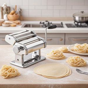 TEMU 스테인리스 스틸 수동 파스타 메이커 기계 | 두께 조절 가능 | 홈메이드 스파게티, 페투치니, 라자냐 제작에 완벽 | 탈착식 손잡이 및 클램프 포함 (실버)