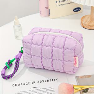 TEMU 마카롱 컬러 시리즈 퀼팅 체크무늬 메이크업 가방 - 대용량 접이식 여행용 화장품 정리 파우치, 직조 손잡이, 파스텔 색상 (라벤더/핑크/민트) - 내구성 있는 폴리에스터 다용도 파우치, 여성용, 여행 필수품, 메이크업 여행 가방, 활용도 높은 파우치, 재치 있는 디자인, 부드러운 질감