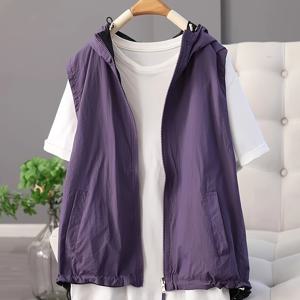 TEMU 여성 캐주얼 양면 후드 조끼 | 신축성 없는 원단, 지퍼 플래킷, 포켓 디테일, 여름 시즌