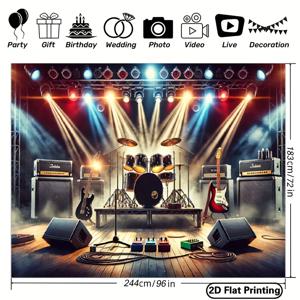 TEMU 2D 평면 배너 243.84x182.88cm 폴리에스터 포토 백드롭 플래그 - 생동감 넘치는 록 밴드 무대 장면 (앰프, 드럼 & 기타 포함) - 실내/야외 파티, 생일, 스튜디오 소품 및 사진 태피스트리 장식, 야외 장식에 완벽