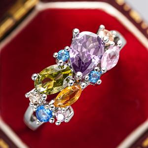 TEMU READKISS 여성용 펑키 링 - 멀티컬러 합성 지르코니아 불규칙 기하학적 디자인, 화이트 골드 도금 파티 & 일상 주얼리, 2월 탄생석 선물, 귀여운 보석 세팅, 고품질 공예