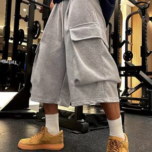 TEMU 아메리칸 스타일 캐주얼 와이드 레그 탄성 허리 세븐쿼터 카고 포켓 루즈 팬츠|남성반바지