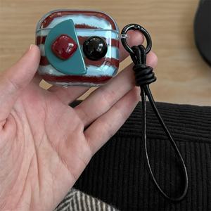 TEMU 반투명 블루 & 브라운 핸드메이드 패치 이어폰 케이스 (랜야드 포함) - 에어팟 1, 2, 3, 4, Pro 2용 | 플라스틱 이어폰 박스