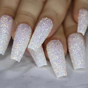 TEMU 프레스 온 네일 롱 코프인 네일 블링 글리터 글루 온 네일 화이트 아크릴 네일 인조 네일 스파클링 시퀀스 스틱 온 네일