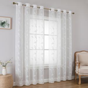TEMU 2개 세트 화이트 리프 식물 자수 반투명 커튼, 북유럽 스타일 - 침실, 사무실, 거실, 발코니 장식용|커튼봉