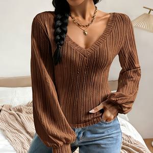 TEMU 우아한 여성용 V넥 랜턴 슬리브 티셔츠 - 퍼프 슬리브 디자인의 긴팔 셔츠, 순백색 외 다양한 색상으로 제공, 세탁기 사용 가능 및 주름 방지 원단, 가을 및 겨울 레이어링에 적합