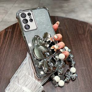 TEMU 폰 케이스: S 25 울트라 럭셔리 도금 충격방지 코너 강화 글리터 카드 폰 케이스, 갤럭시 S25 울트라 호환, 귀여운 미러 토끼 브래킷, 우아한 팔찌 체인, 소프트 TPU 백커버