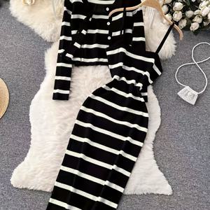 TEMU 패턴 라운드넥 컬러 블록 버튼 가디건 + 서스펜더 롱 드레스 패브릭 투피스 세트