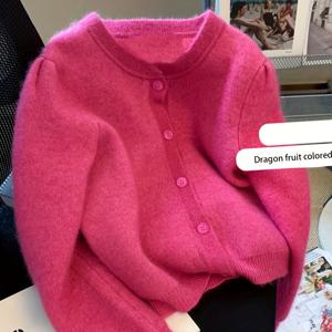 TEMU 2025 가을/겨울 용과수 컬러 따뜻한 스웨터 코트, 밝은 장미색 숏 가을/겨울 스웨터, 따뜻한 날씨를 위한 포근한 라운드넥 가디건|반팔니트