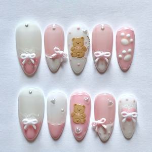 TEMU 10개 세트 전통 수제 아몬드형 네일아트: 귀여운 카툰 스타일, 사랑스러운 곰돌이 & 우아한 하트 디자인 - 모든 여성의 데일리 웨어에 완벽한 순수 액센트