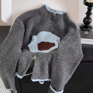 TEMU 최신 유럽 스타일 대비 컬러 고급 지퍼 가디건, 가을/겨울 캐주얼 다용도 대학생 스타일 부드러운 스웨터 코트