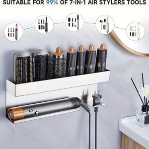 TEMU 드릴 없는 벽걸이 헤어 스타일링 도구 정리대 - 곡선형 선반 포함 강력한 스틸 헤어 드라이어 홀더, 스트레이트너 & 컬링 아이론 및 스타일링 제품용 - 공간 절약형 욕실 수납, 쉬운 설치, 다이슨 및 모든 브랜드 호환|욕실선반|스타일러