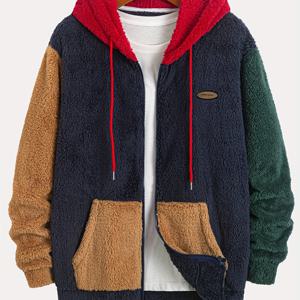 TEMU 남성용 화려한 플러시 후드 집업 스웨트셔츠 자켓, 대비 색상 패치 자수 포함, 가을/겨울용 따뜻하고 도톰한 옷감
