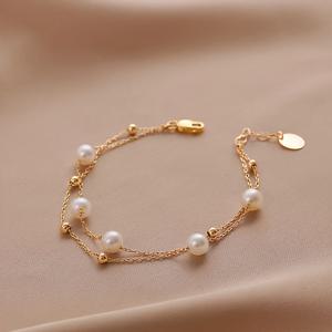 TEMU 우아하고 귀여운 패션 여성용 골든 캐주얼 휴가 다용도 모조 진주 이중 체인 팔찌