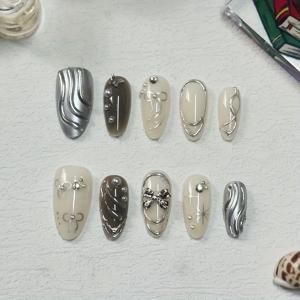 TEMU 10개입 핸드메이드 아몬드 모양 네일 팁 | 부드러운 리본 매듭과 진주 디자인의 우아한 은색, 광택 끝, 데일리룩에 적합|네일팁