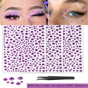 TEMU 3개 세트 보라색 라인스톤 얼굴 보석 스티커 (핀셋 포함), 축제 및 레이브 필수 아이템, 얼굴 장식, 헤어 보석, 눈 장식 포함, 메이크업 애호가 및 파티에 적합