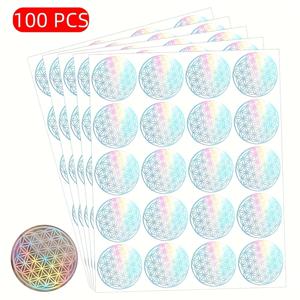 TEMU 100개 레이저 생명의 꽃 스티커 – 1.5인치 원형 자가 접착 PVC, 반짝이는 표면, 휴대폰 케이스, 플래너, 물병, 봉투 등에 적합