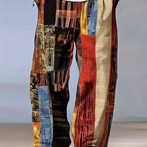 TEMU 남성 캐주얼 스포츠 긴 바지: 컬러 블록 미드 라이즈 드로스트링 탄성 허리 트라우저, 여름 하와이 야외 모임 및 축제 행사용, 레드, 블루, 그린 3D 프린팅 레그 팬츠 (봄, 가을)