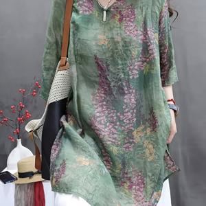 TEMU 플러스 사이즈, 2025 신상 로맨틱 빈티지 우아한 플로럴 프린트 V넥 풀오버 셔츠, 봄 여름 가을 데이트 필수 아이템, 3/4 소매 여성용 플러스 사이즈 루즈핏 셔츠