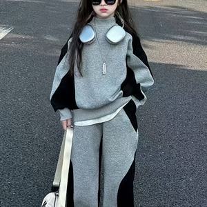 TEMU 세련된 컬러 블록 디자인의 긴팔 상의와 긴 바지로 구성된 여아용 투피스 세트, 야외 활동에 적합