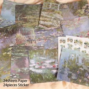 TEMU 2D 평면 48pcs(24장 패드+24장 스티커) 모네 영감 인상파 유화 DIY 장식 배경지 패드, 아트 크래프트, 잡지 저널, 스크랩북 용품, 선물 포장, DIY 장면 구성, 쓰레기 다이어리 커버, 2D 평면