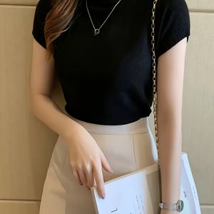 TEMU 여성용 하프터틀넥 반팔 니트 스웨터, 가을 겨울 내부 레이어링 숏 베스트 탑